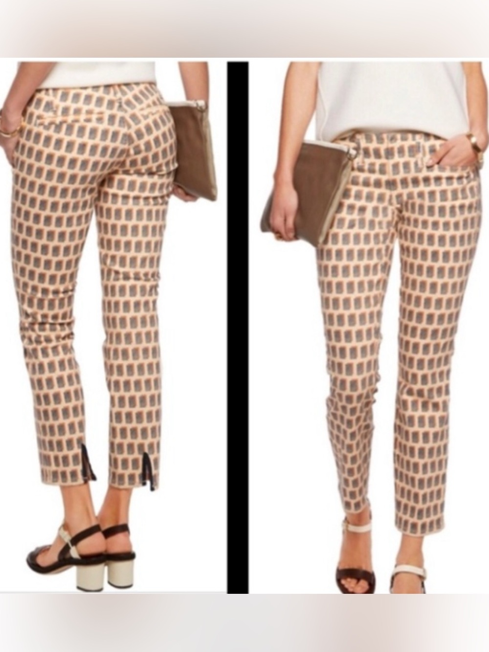TORY BURCH Cropped Skinny Jeans Pants Geometric Pattern Beige Orange Sz 27